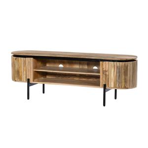 Meuble TV moderne en bois d'acacia massif, console multimédia ovale avec étagères de rangement pour salon et hôtel - Product Image 4