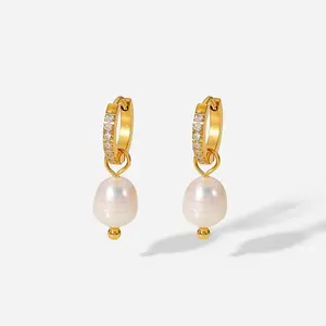 Elegant Zirconia Pave Huggie Fresh Water 18K Gold Plated Earring Water Pearl Hoop Fashion Jewelry for Women GIft