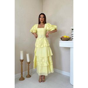 Vestido Amarillo con Mangas Abullonadas y Capas, Corte en A, Cintura Natural, Tejido Transpirable, Vestido Casual Diario - Product Image 5