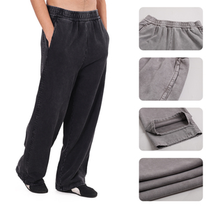 กางเกงวินเทจผู้ชายแบบไม่มีเชือกผูกเอว ผ้าฝ้ายย้อมบาติกแบบดิสเทรส แต่งผ้าปะติดปะต่อ ทรงขากระบอก เอวยางยืด ซักแบบสโนว์วอช ด้านหน้าเรียบ - Product Image 2