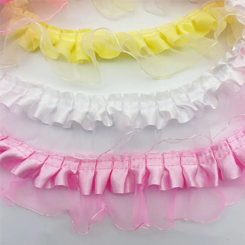 30YARD Vintage Ruffle Satin Lace Edge Trim Vải Ruy Băng Xếp Li Hem 2.16 ''Chiều Rộng