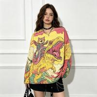 Suéter de punto acanalado con estampado de gato de dibujos animados montado en dinosaurio para mujer, cuello redondo informal, manga larga, estilo oversize, para uso diario, combina con todo.