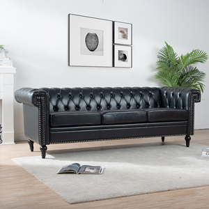 Sofá Chesterfield de Cuero Genuino Negro Vintage, con Mechones, de Lujo, para Sala de Estar, Juego de 3 Plazas, Convertible, Muebles para Vestíbulo de Hotel - Product Image 4
