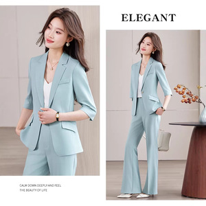 Women's Three Quarter Sleeve Blazer Suit Set Breathable Linen Blend Office Lady Work Uniform Flared Trousers Spring Summer - Product Image 1