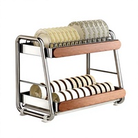 Étagère à vaisselle portable en acier inoxydable de style rétro, nouvelle conception chinoise, non pliable, à double niveau, avec panneaux latéraux en chêne pour le rangement des couteaux/baguettes