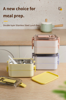 Boîte à bento empilable avec couverts intégrés, récipient à lunch double couche anti-fuite avec couvercle en plastique transparent sans BPA