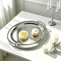 Plateau de service rond perlé en acier inoxydable 304 argenté, décoratif avec poignées pour coiffeuse, table basse, comptoir