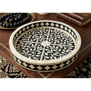Round Bone Inlay Decorative Serving Tray <b>Black</b> Floral Pattern Coffee <b>Table</b> Accent Tray <b>Vanity</b> Organizer Display Platter - Product Image 1