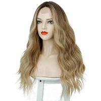 Perruque synthétique longue ondulée avec dentelle frontale pour femme, résistante à la chaleur, marron blond, avec raie en T, en fibre haute température, ajustable, petite taille