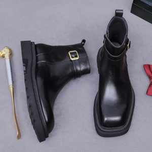 2025 ASTON M.JAZZ Designer Chelsea <b>Pointed</b> Lace-Up Boots Cowhide Business Casual Platform Patchwork Lightweight Anti-Slip - Product Image 1