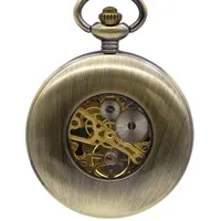 Montre de poche mécanique en bronze avec chaîne FOB en bois massif, cadran romain, squelette évidé style steampunk, pour hommes et femmes PJX1396