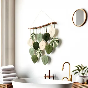 Ensemble cadeau d'affaires : Grande <span class=keywords><strong>tapisserie</strong></span> murale en macramé en coton, motif feuille de Monstera Art Déco, thème jungle, vert naturel, art de la nature morte, décoration de salon - Product Image 5
