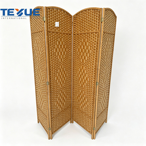 Modern Movable 4 Arched Top Paper Rope Woven Folding Screen Divider Honey Natural Basket Weave Rattan Frame Translucent - Product Image 1