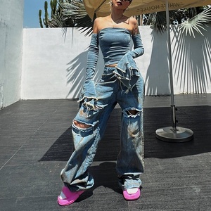 Bettergirl Custom European American bordatura in Jeans <span class=keywords><strong>larghi</strong></span> pantaloni <span class=keywords><strong>Cargo</strong></span> <span class=keywords><strong>larghi</strong></span> Jeans strappati da <span class=keywords><strong>donna</strong></span> - Product Image 4