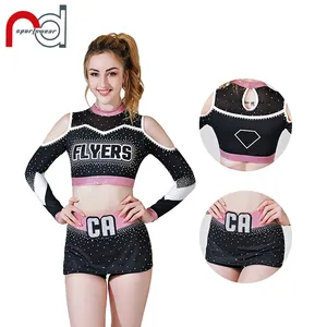 Juichen en Dans Koningin Stijl Cheerleading uniformen met Mesh en Rhinestone crystal Mermaid huid cheerleader uniformen