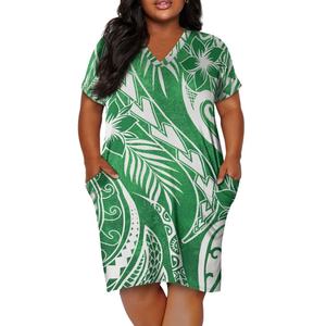 Artículos al por Mayor Baratos, Vestidos Casuales de Manga Corta con Cuello en V y Estampado Tribal Polinesio Personalizado, Tallas Grandes para Mujeres Corpulentas - Product Image 1