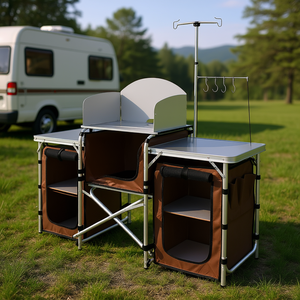 Aluminum Outdoor Cook Station Detachable Windscreen <b>Foldable</b> Camping <b>Table</b> With Storage For RV Traveling Brown - Product Image 2
