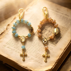 Porte-clés en cristal bleu champagne, alliage de zinc, pendentif croix perlé fait main, breloque portable pour téléphone portable, cadeau pour couple - Product Image 3