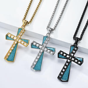 Colliers personnalisés haut de gamme en acier inoxydable turquoise hypoallergénique, pendentif croix tendance <span class=keywords><strong>pour</strong></span> <span class=keywords><strong>couple</strong></span>, bijoux - Product Image 1