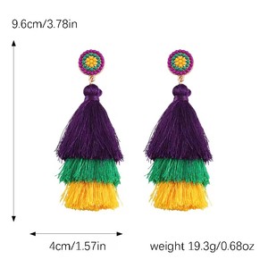 Pendientes Largos HLC Personalizados para Mardi Gras, Pendientes Grandes con Forma <span class=keywords><strong>de</strong></span> Pluma, Pendientes con <span class=keywords><strong>Flecos</strong></span> <span class=keywords><strong>de</strong></span> Hilo Sedoso y Borlas - Product Image 5
