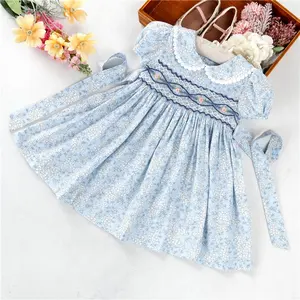 C21673 summer flower floral baby girls dresses smocked cotton hand made embroidery wholesale children clothes kids clothing
