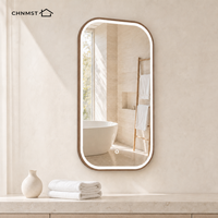 Miroir de salle de bain LED sur mesure avec cadre en bois, éclairage frontal, coins arrondis, capteur tactile, fixation murale