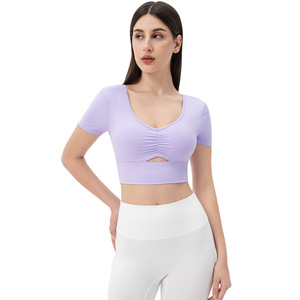 <span class=keywords><strong>Camiseta</strong></span> deportiva <span class=keywords><strong>de</strong></span> Yoga <span class=keywords><strong>de</strong></span> manga corta ajustada Sexy <span class=keywords><strong>para</strong></span> <span class=keywords><strong>mujer</strong></span>, cuello en V, secado rápido, ligera, Fitness, correr, entrenamiento, transpirable - Product Image 5