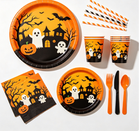 Ensemble jetable tout-en-un pour Halloween : assiettes, gobelets, serviettes – thème citrouille et fantôme classiques