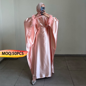 Oem مخصص منخفض موك ريشة صفعة وردي قفطان صلاة رداء للأعياد رمضان إسلامية فاخرة للنساء فستان عبايات دبي للنساء - Product Image 1