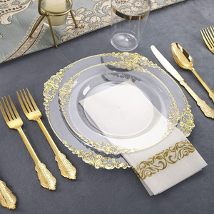 Ensemble de Plats Jetables pour Fêtes, Motif Dragon Élégant, Bord <span class=keywords><strong>Doré</strong></span> Noir, Relief, Plaque en Plastique Transparente, Dorure - Product Image 1