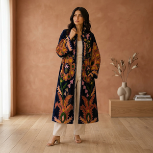 Bohemian Embroidered Organza Maxi Floral Print A-Line <b>Coat</b> V-neck Fitted Full Sleeve Natural Waist Handmade Autumn Women's - Product Image 3