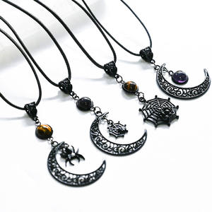 Collar con Colgante de Cristal Gótico Vintage, Luna Creciente Negra, Corazón de Telaraña, con Amatista y Piedra Ojo de Tigre, Joyería Punk - Product Image 1