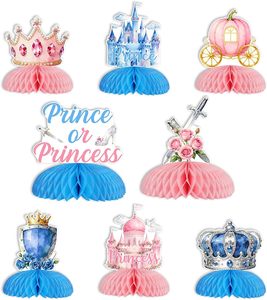 8 pièces Décorations <span class=keywords><strong>de</strong></span> centre <span class=keywords><strong>de</strong></span> table en nid d'abeille pour révélation du sexe Prince ou Princesse, roses <span class=keywords><strong>et</strong></span> bleues, avec motifs Château <span class=keywords><strong>et</strong></span> Couronne, pour garçon ou fille - Product Image 1