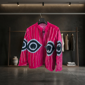 Veste en velours rose brodée avec un motif géométrique en forme d'œil, col mandarin, manches longues, veste d'automne pour femmes, broderie à la main - Product Image 1