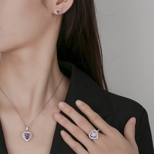 Fashion Eco-friendly Copper Two Tone Heart 10*10-6*6mm Purple High Carbon Diamond Jewelry Wedding Necklace <b>Earrings</b> Ring <b>Set</b> - Product Image 6