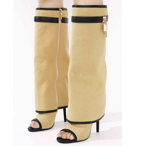 Kadın diz-yüksek Fishnet çizme sivri burun yaz Peep Toe sandalet yüksek topuklu Stiletto Metal köpekbalığı kilit örgü tasarımı - Product Image 6