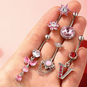 Double Jeweled Pink 316L baja bedah, mode lucu 14G Emas cantik pita dan berkilau permata menjuntai kancing perut/cincin pusar - Product Image 2