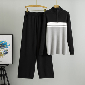 Completo <span class=keywords><strong>Casual</strong></span> Primaverile in Maglia con Collo Alto e Cerniera, <span class=keywords><strong>Abbigliamento</strong></span> <span class=keywords><strong>Donna</strong></span> in Tinta Unita - Product Image 1