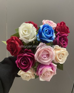 S03332ดอกไม้ดอกกุหลาบสีฟ้าปลอม,ดอกไม้ก้านเดี่ยวสำหรับตกแต่งงานแต่งงานดอกกุหลาบกำมะหยี่สีแดงประดิษฐ์ - Product Image 3