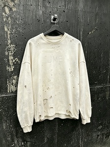 T-shirt à manches longues surdimensionné JME pour homme, col rond en tricot lavé, style streetwear, imprimé lettres blanches - Product Image 1