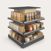 Présentoir îlot gondole 4 voies à 360 degrés, accès 4 côtés, 3 niveaux de rayonnage, structure en bois avec bords en acrylique, pour magasin de détail