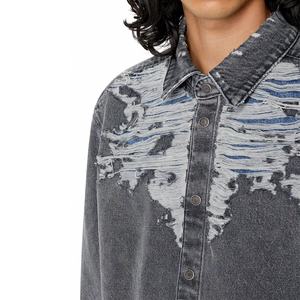 Camisas de Mezclilla Rasgadas de Manga Larga Personalizadas para Hombre, Camisas de Mezclilla Desgastadas de Color Gris Oscuro Vintage para Hombre - Product Image 6