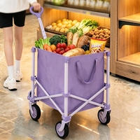 Chariot de courses pliable robuste, portable, multifonctionnel, avec rangement amovible, jaune/violet, poignée réglable, rotation à 360°