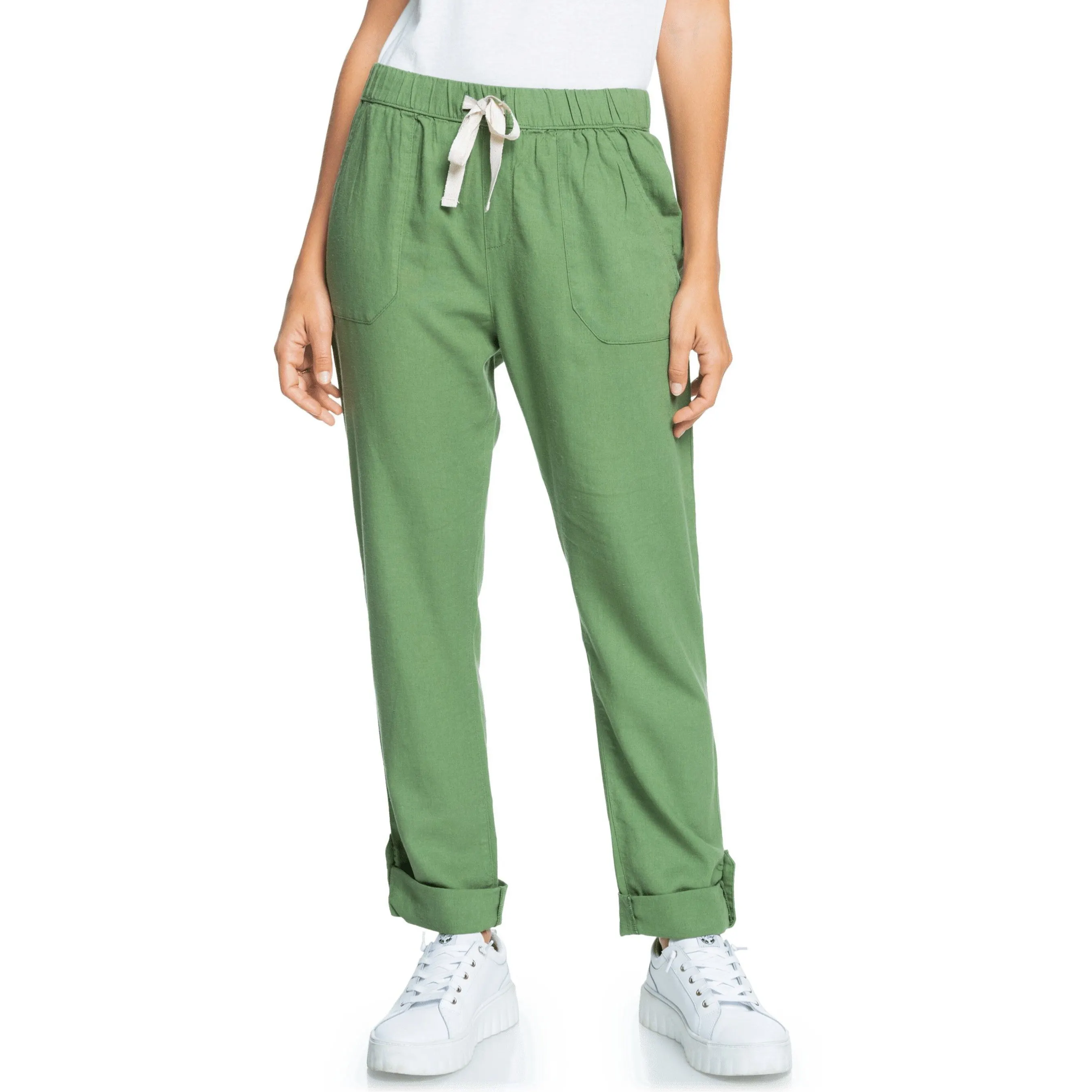 Custom Hot Selling Women's Pants Green Linen Casual Mid Waist Lace Up Straight Tube Multi Pocket Overalls