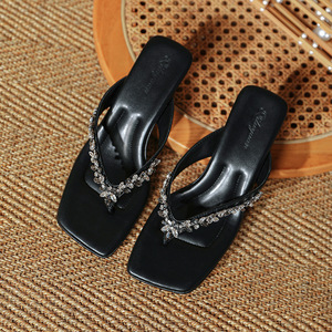 Women Square Toe Heeled Sandals Rhinestone Decorated Low <b>Block</b> Heel Elegant Slip-On Summer Fashion Style - Product Image 4