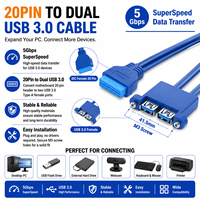 Câble de montage sur panneau LUNG KAY double port USB 3.0, connecteur 20 broches de carte mère vers 2 ports USB 3.0 A femelle avec vis M3 pour serveur IPC