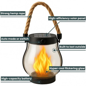 Solar Lantern Outdoor Flame <b>Light</b> LED Solar Powered Camping Hanging Lamp With <b>Rope</b> Handle - Product Image 4