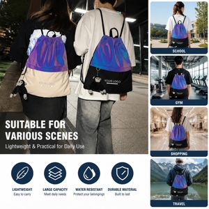 Branded Reflective <b>Drawstring</b> Backpack Bulk Two Tone Cinch Bag Front Zipper Pocket Top Handle Corporate Swag Event Giveaway - Product Image 3