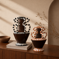 Vase en céramique marron avec poignée multi-boucles, décoratif, rayé noir et blanc, pour la décoration de salon et de la maison