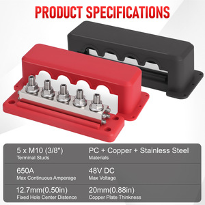 600A Busbar 5-Stud M10 Copper <b>Terminal</b> Block Red High Current Screw Connection - Product Image 5